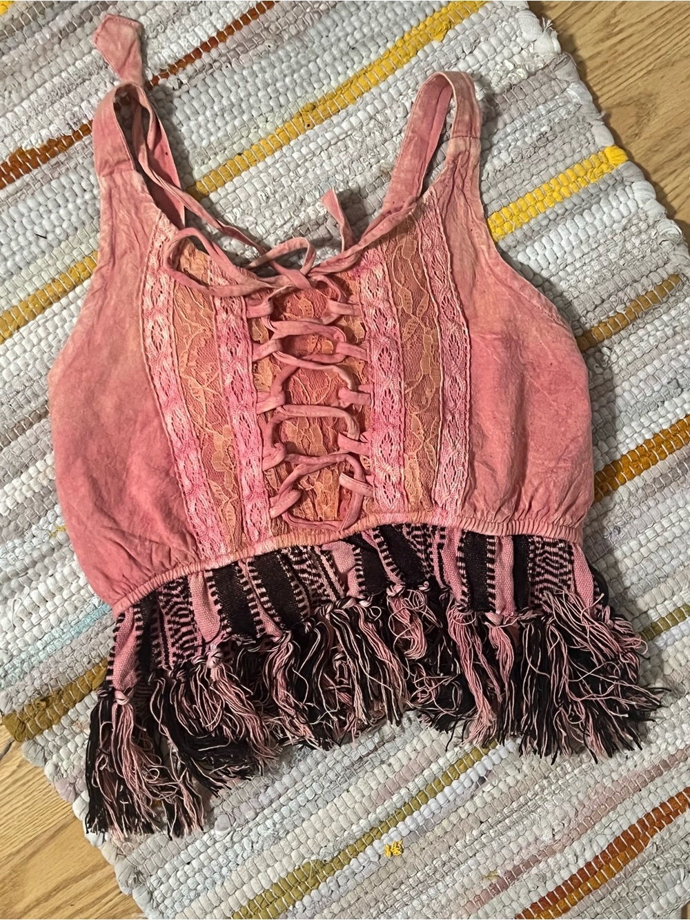 POL Pink Lace-Up Fringe Crop Top